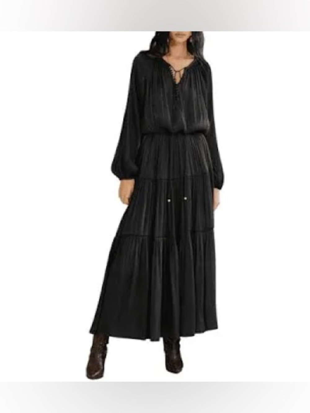 Black Long Sleeve Silky Tiered Maxi Dress - Elegant Women's Dress XL